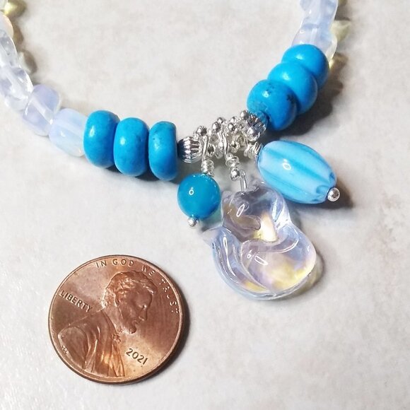 Pet Lovers - Fox Pom Cat!!! Stunning Iridescent Opalite + Blue Howlite Bracelet - Picture 3 of 10
